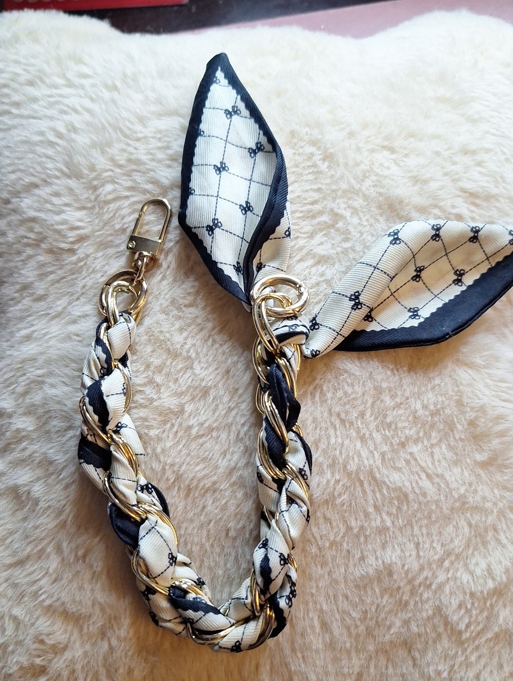 Braided Scarf Keychain with Gold Chain Accent - Black & Cream